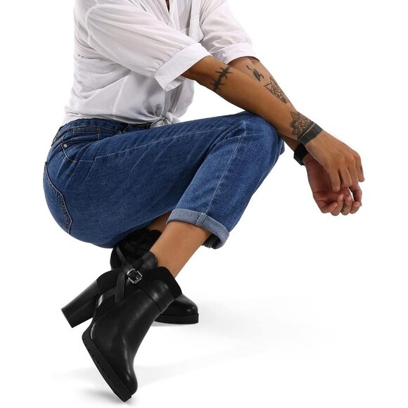 Women's Buckle Black Ankle Boots Chunky Stacked Heel Side Zipper Classic Boots - Picture 8 of 8